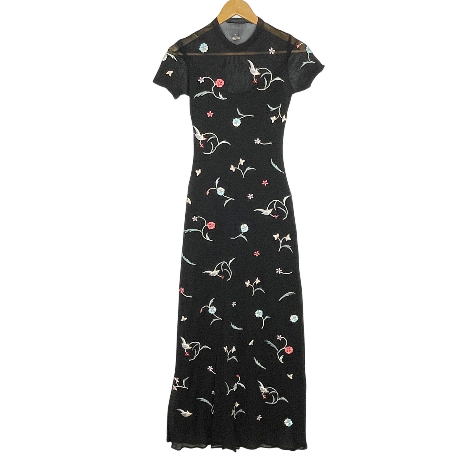 VTG Vivienne Tam Mesh Embroidered Flower Bird Maxi Dress Size 3 Whimsigoth 90s