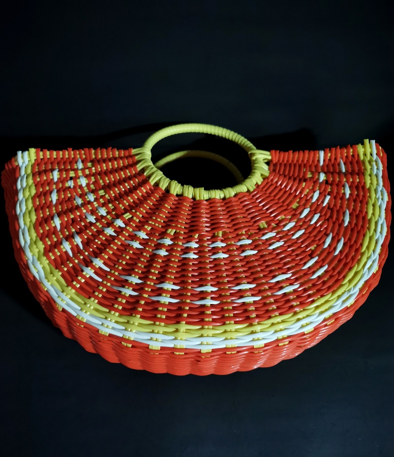 Woven Half Circle Beach Style Orange Tote Open Top Bag Double Handle 12×18