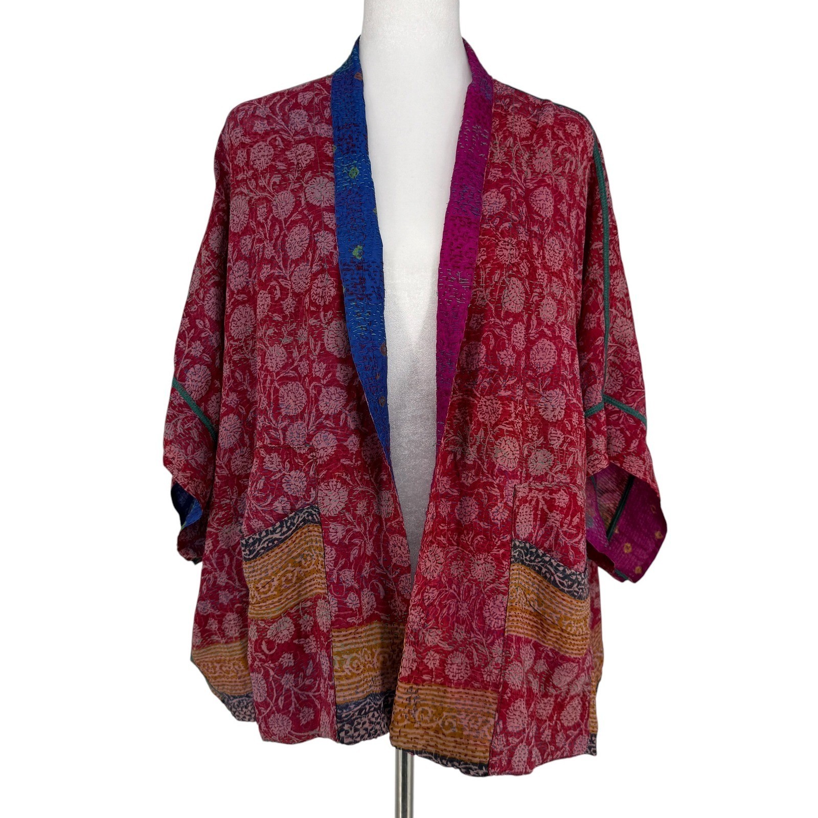 Mieko Mintz Reversible 100% Silk Kantha Jacket Red Blue Floral Bandhani OS India