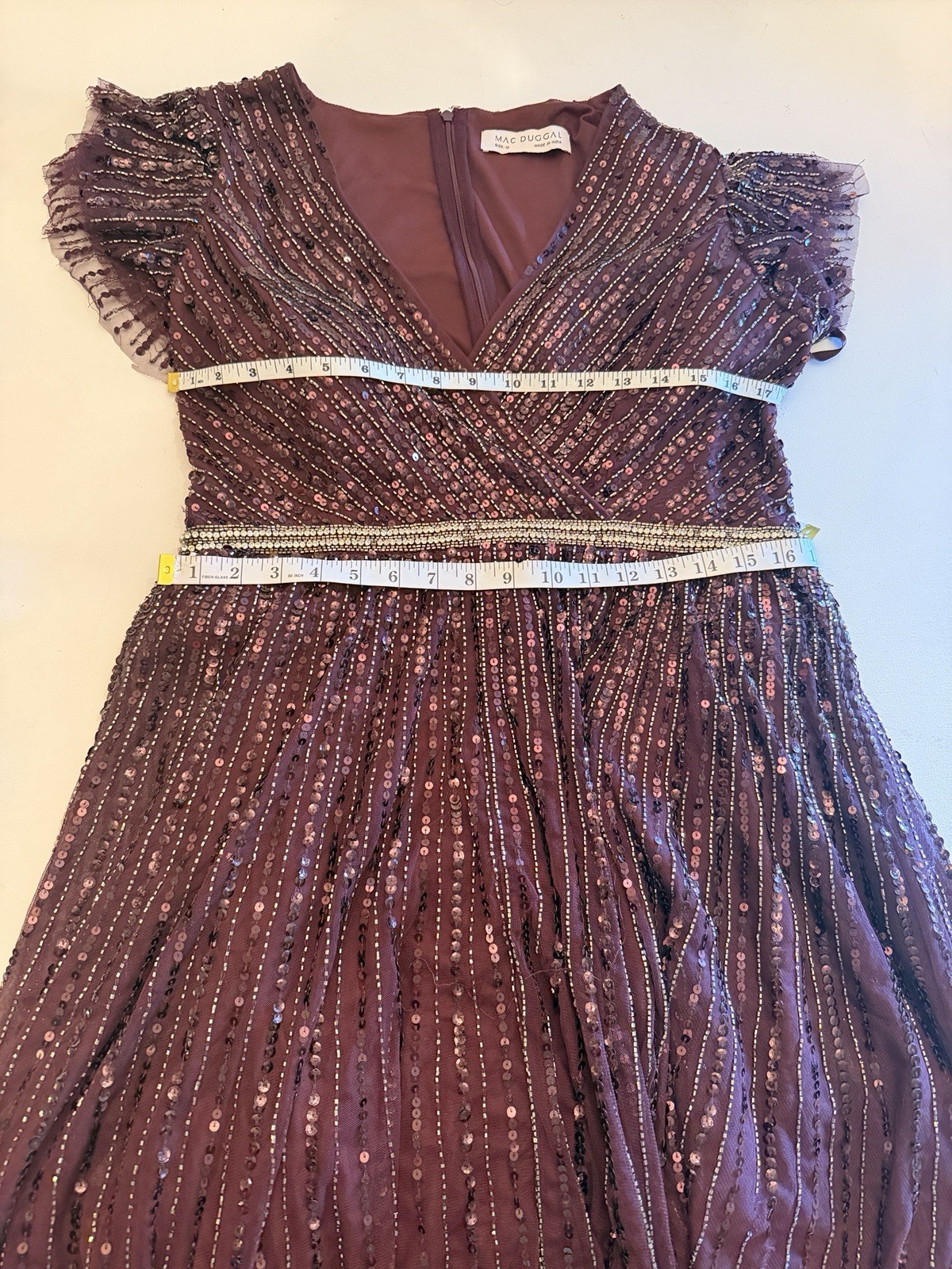 MacDuggal Burgundy Wine Sequin Beaded Flutter Sleeve Evening Gown Dress Sz12 NWT