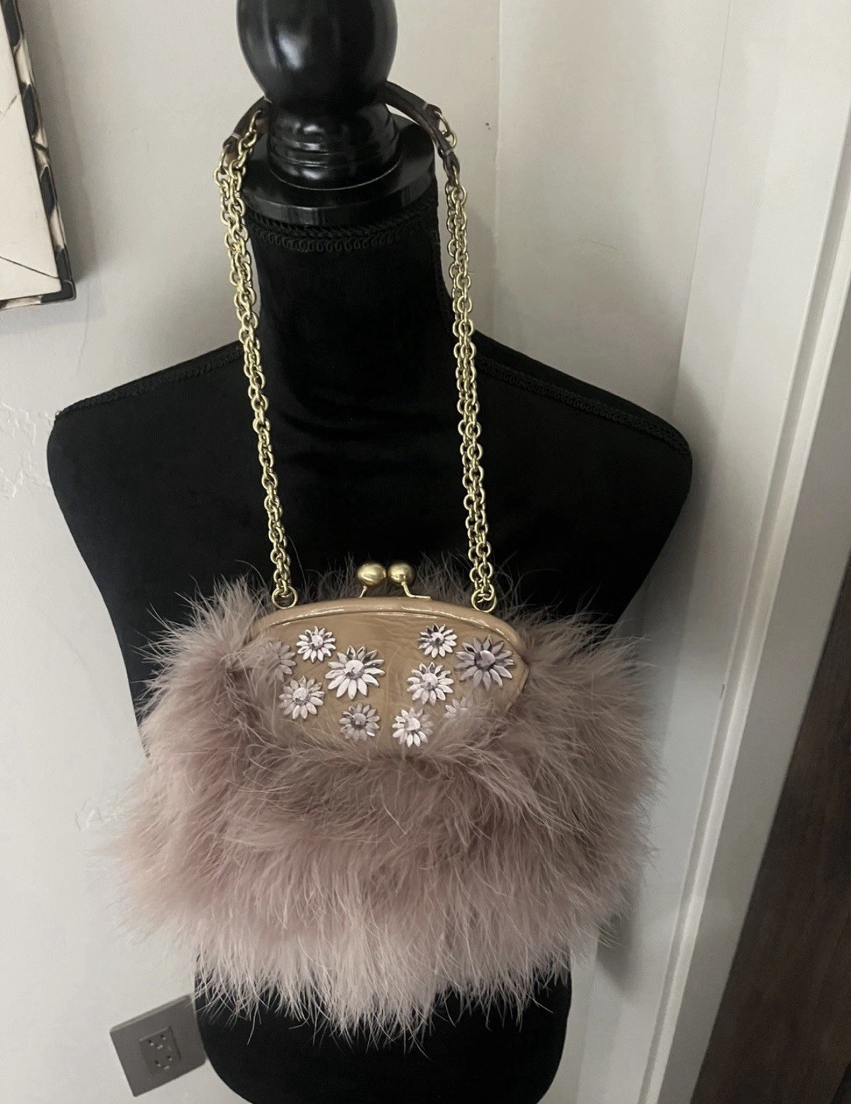 RARE Coach- Pink Poppy Feathered & Jeweled Frame Clutch Bag