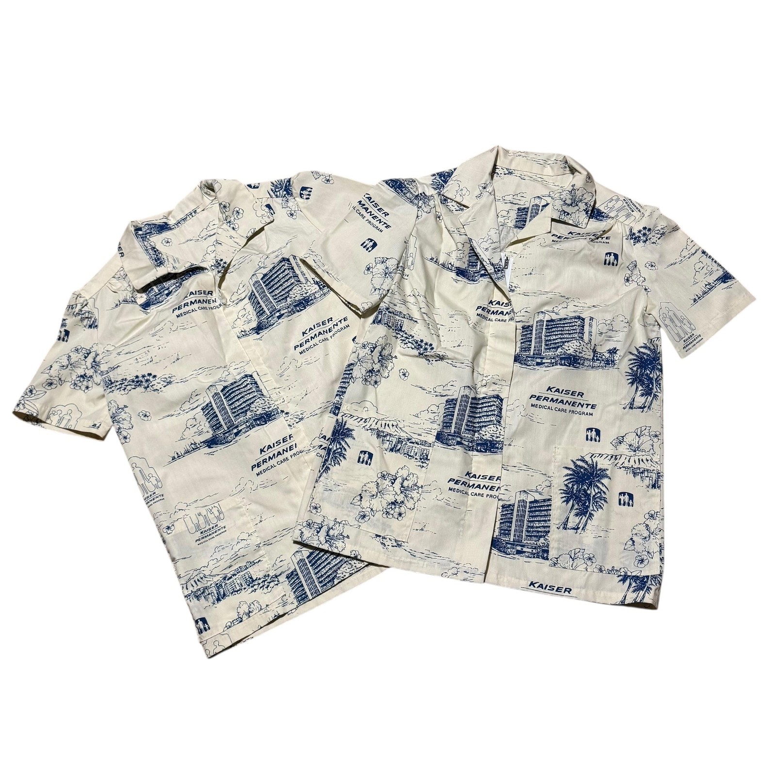 Kaiser Permanente Shirt Mens Large White Blue Hawaiian Aloha Zip Front Uniform