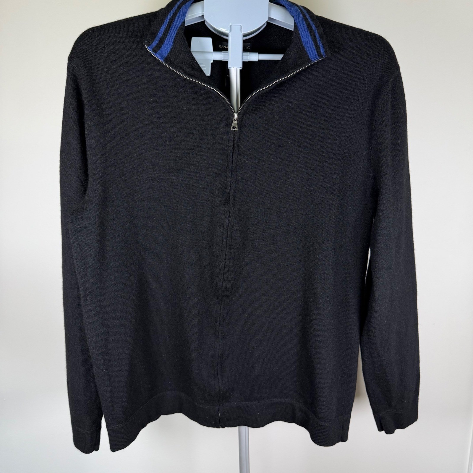 Banana Republic Mens Merino Wool Full Zip Sweater Black Blue Striped Neck Large