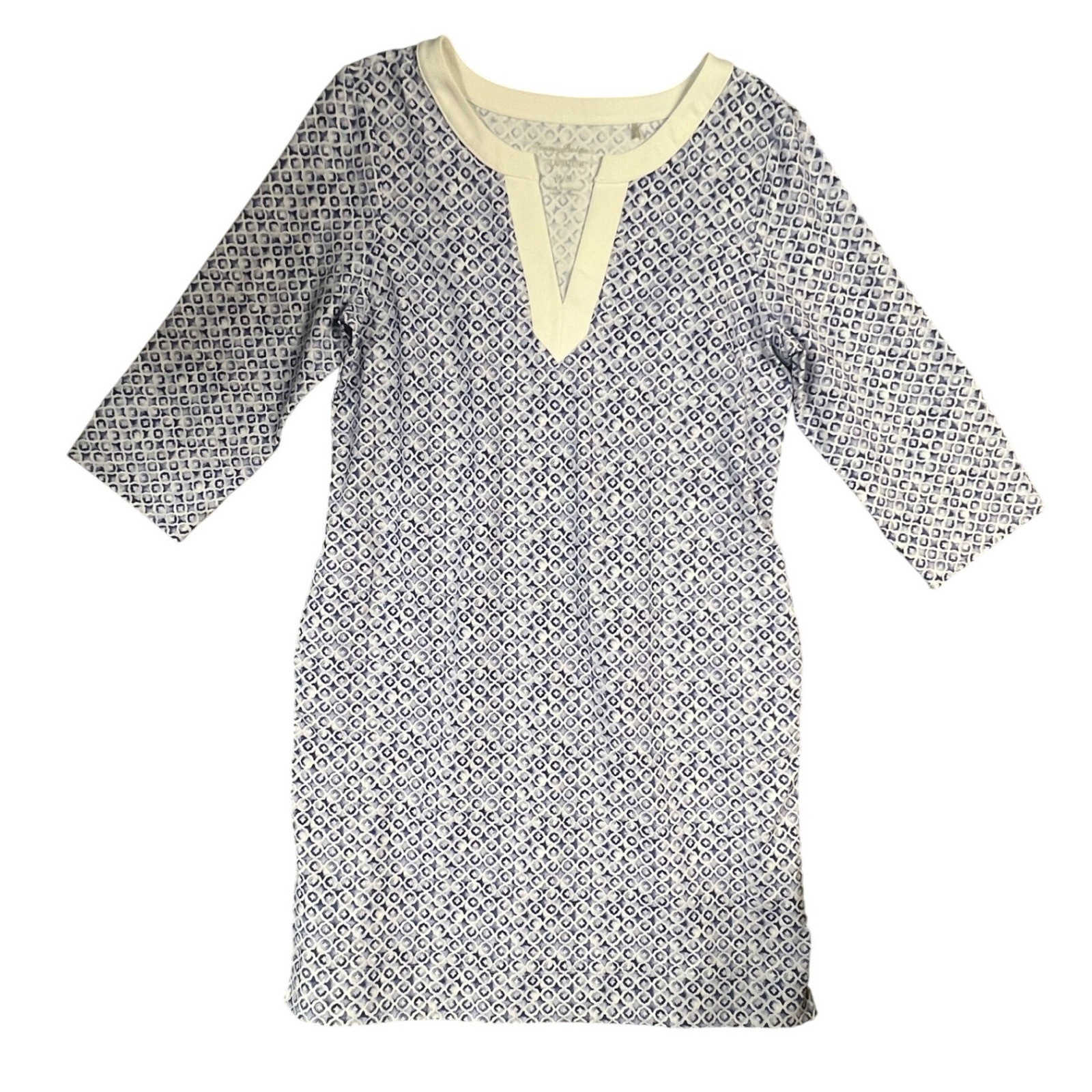Tommy Bahama IslandZone Dress Medium Ikat Blue White Geometric Split Neck