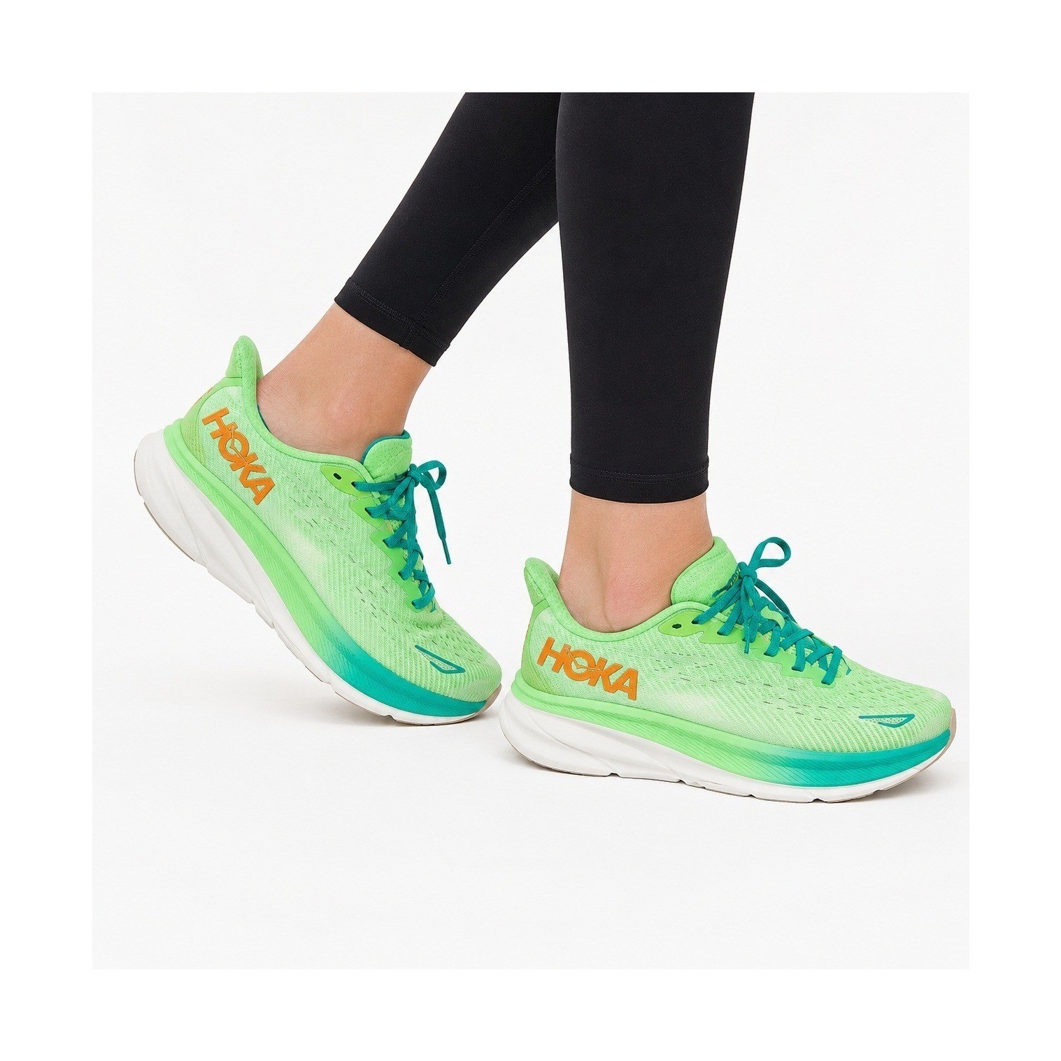 HOKA Clifton 9 Women Running Shoes Size 7D Wide Green Lime Orange 1132210 ZLGL