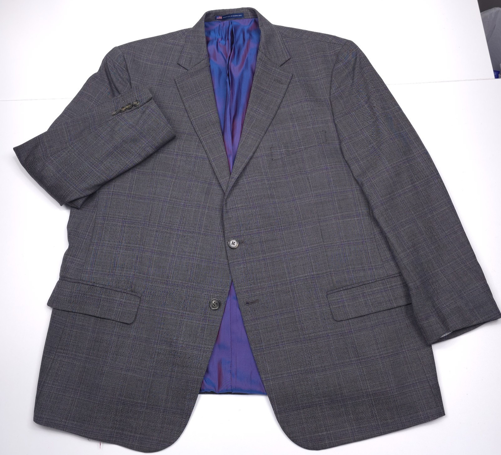Hart Schaffner Marx Sport Coat Mens 50R Gray Purple Plaid Wool Blazer Jacket