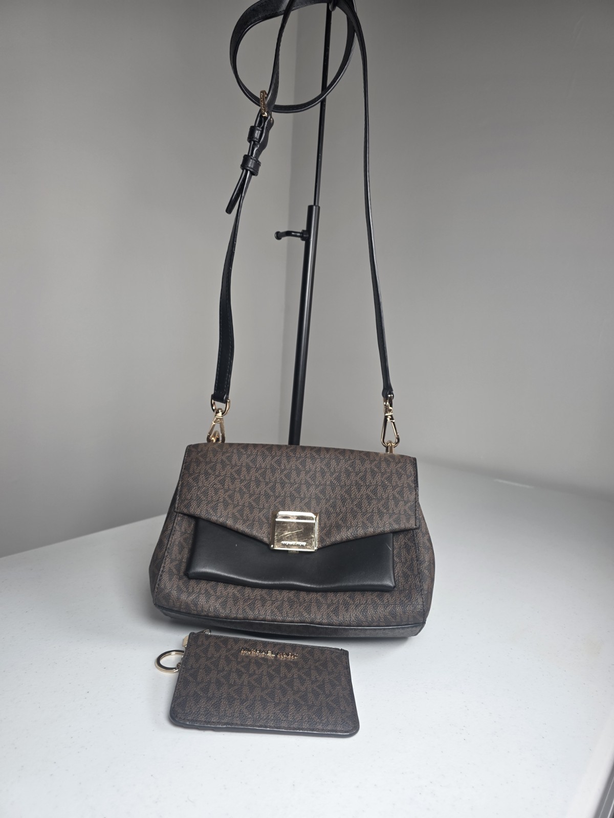 Michael Kors Brown Black MK Logo Crossbody Bag Gold Hardware w/ Zip Pouch