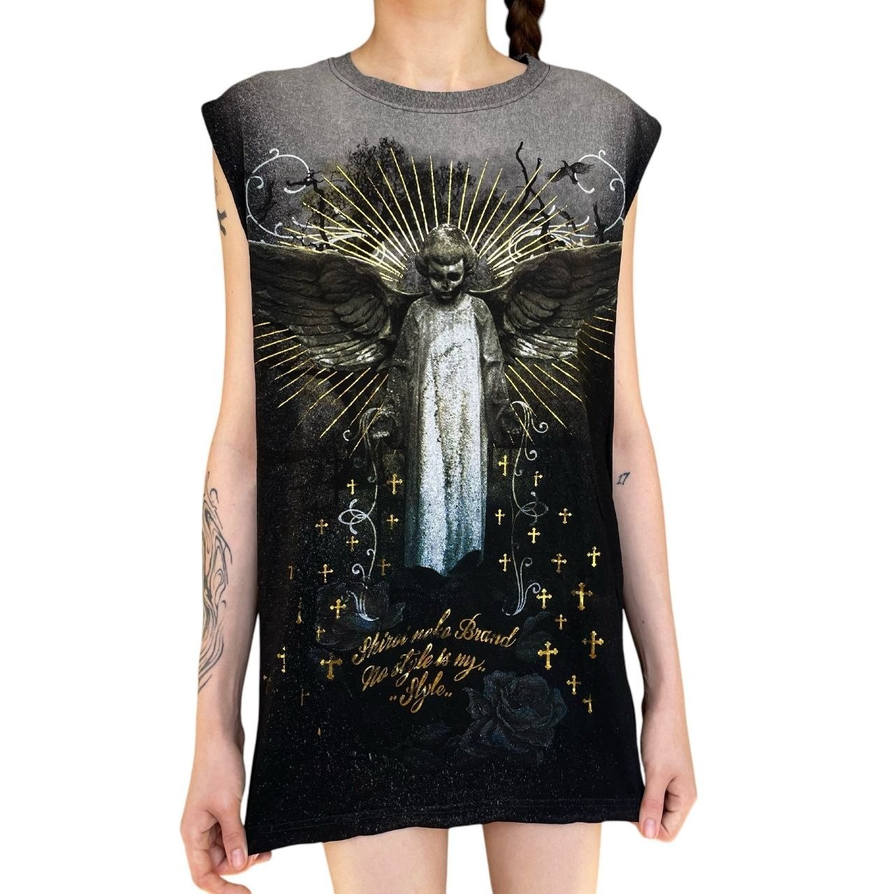 Vintage Shiroi Neko Angel T-Shirt Gold Foil Crosses Mall Goth Affliction Top M