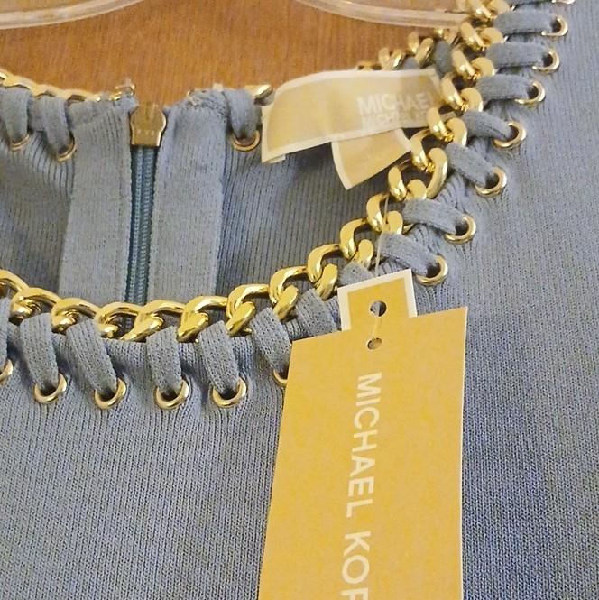 Michael Kors Women’s Blue Knit Rayon Sheath Dress S Chain Lace-Up Back Zip