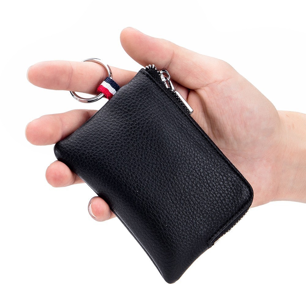 Genuine Leather Coin Purse Change Pouch With Zipper & Key Chain For Men Women