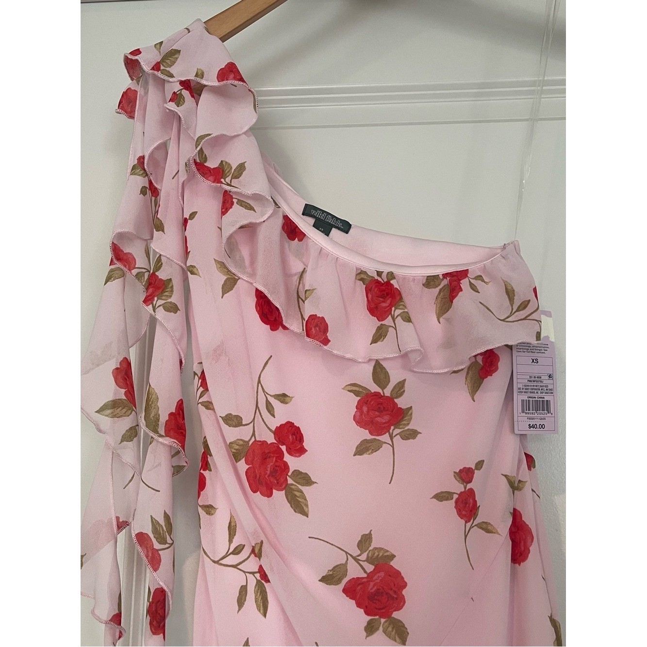 wild fable Pink One-Shoulder Floral Ruffle Maxi Dress with Slit and Zipper NWT