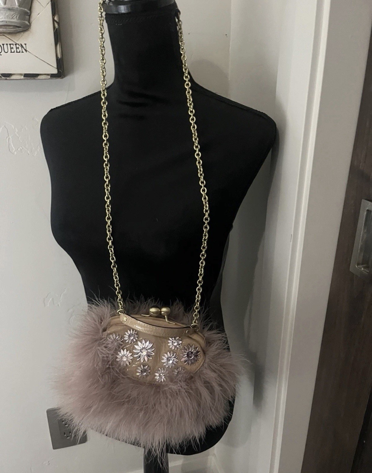 RARE Coach- Pink Poppy Feathered & Jeweled Frame Clutch Bag