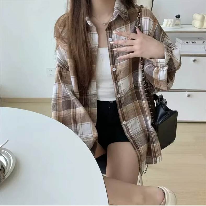 Womens Oversized Plaid Flannel Shirt Long Sleeve Button Down Check Blouse Top