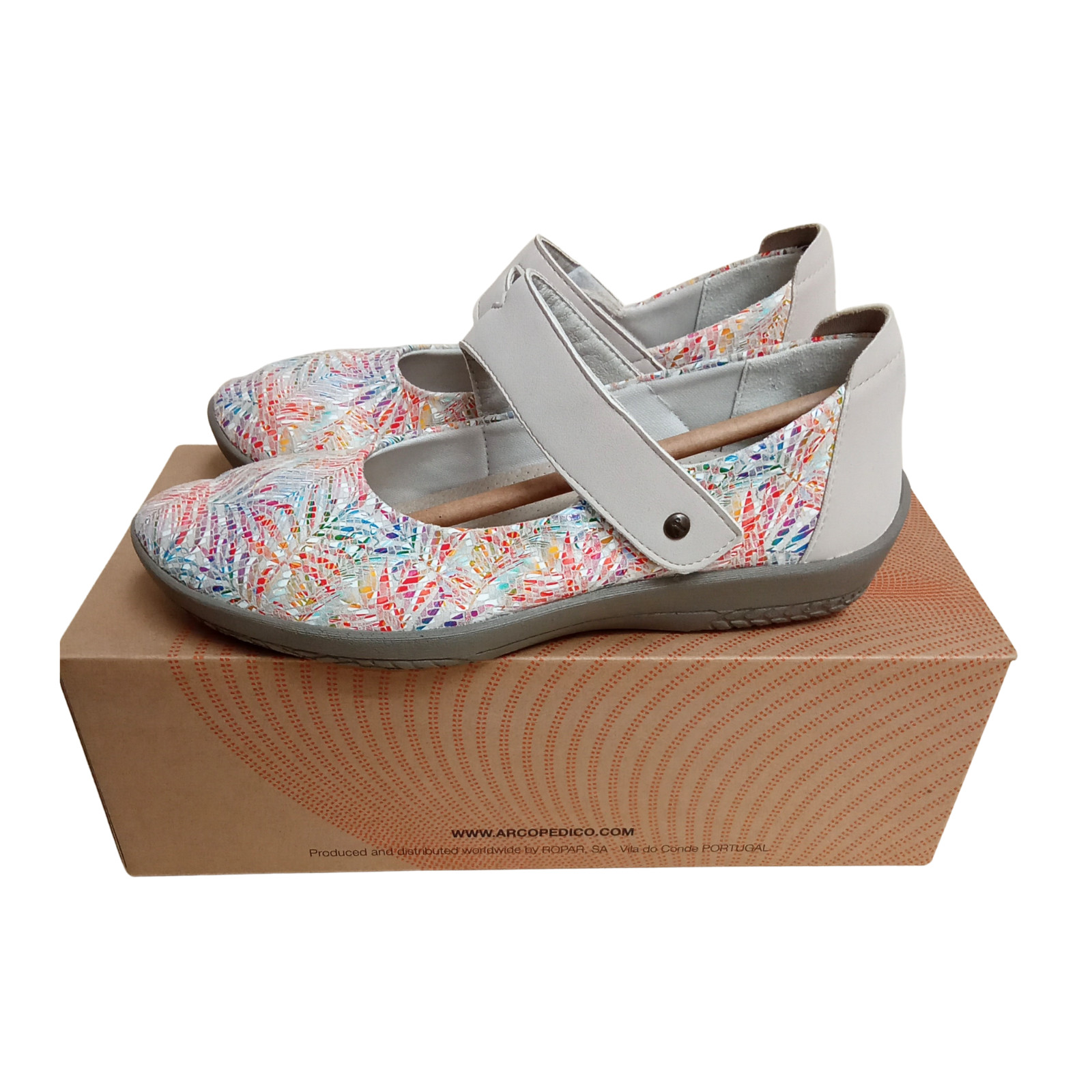Arcopedico Cosmo Mary Jane, White with Multi Color, Sz 7-7.5