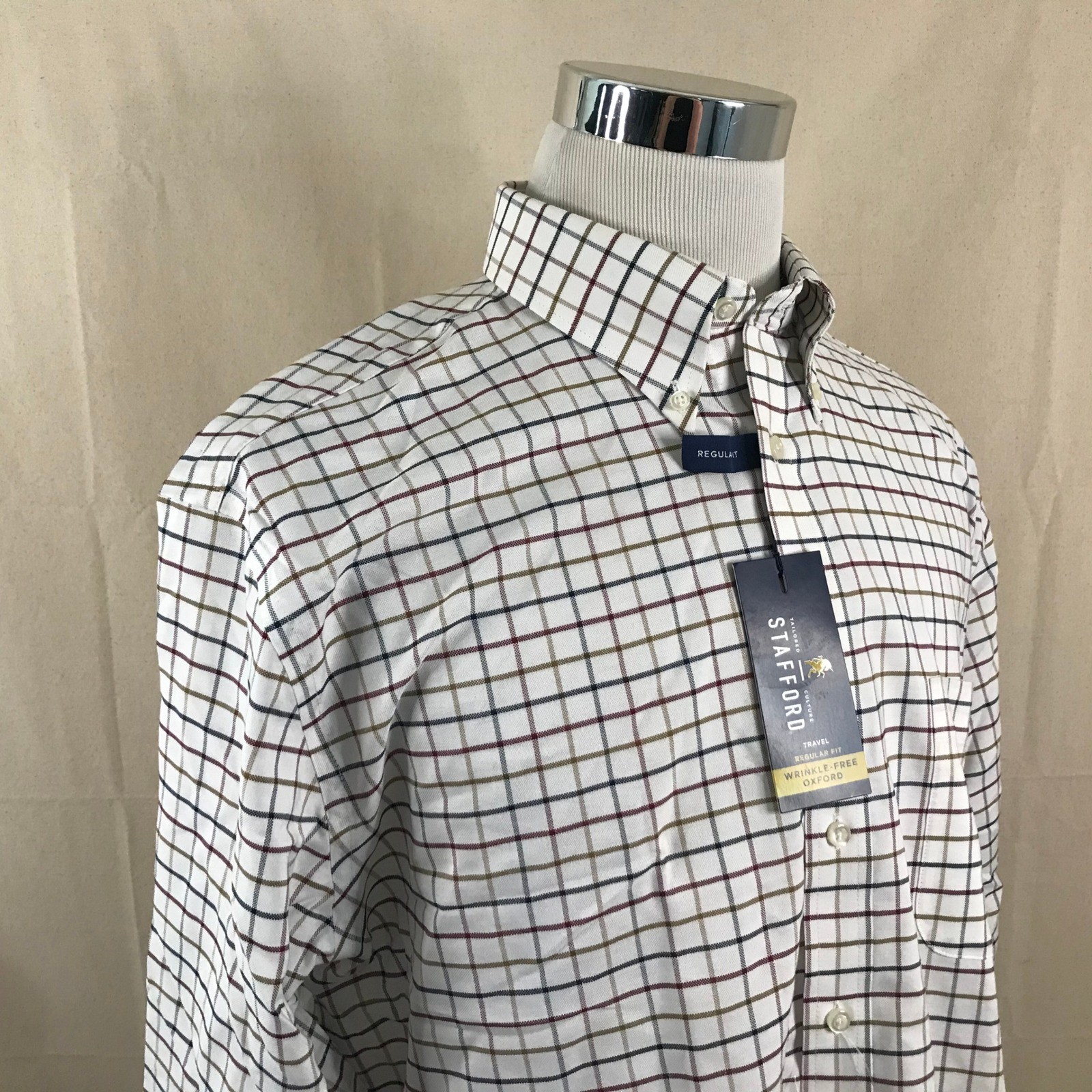 NEW Stafford 17 34/35 Travel Wrinkle Free Oxford Dress Shirt Plaid Cotton Blend