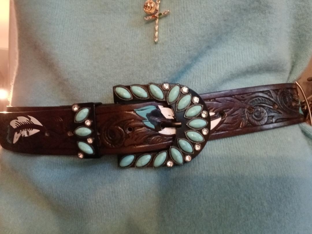 WOMEN MEN WESTERN BROWN LEATHER BELT TURQUOISE Med/large belt length is 47in NEW