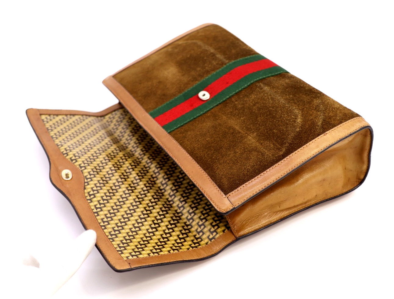 GUCCI VINTAGE Web Stripe Clutch Suede Leather Camel Large Rare Authentic