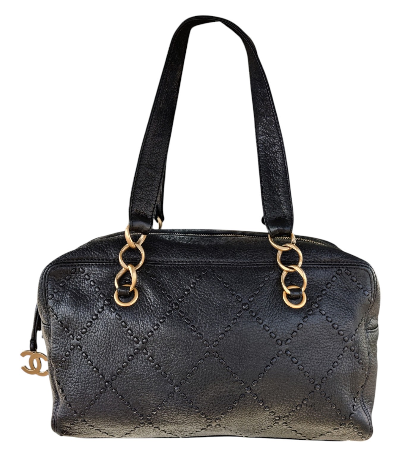 Vintage Chanel Black Leather Bowling Bag Surpique Gold CC Zip Authentic Shoulder