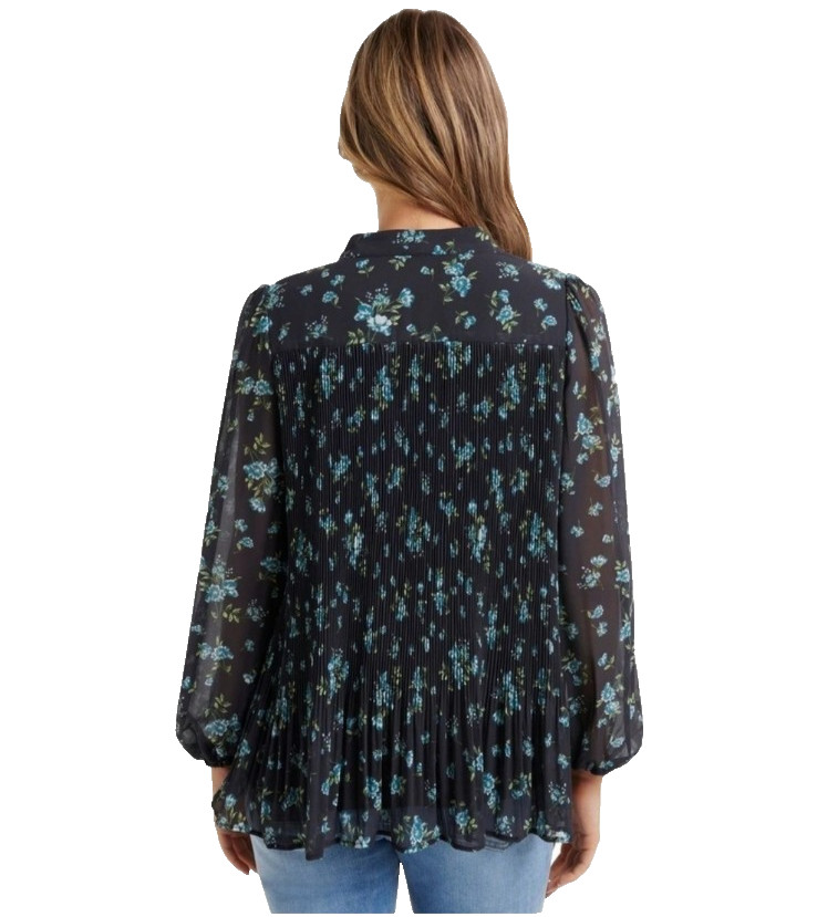 MNG Mango Pleated Floral Blouse Womens 6 Relaxed Necktie Black Cottage Romantic