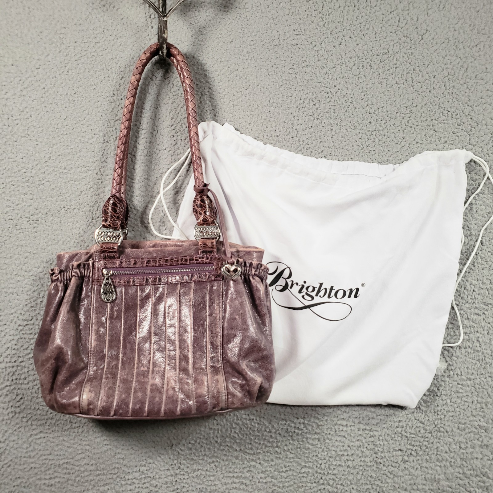Brighton Purple Distressed Leather Shoulder Bag Pleat Elastic Pockets Heart Rare