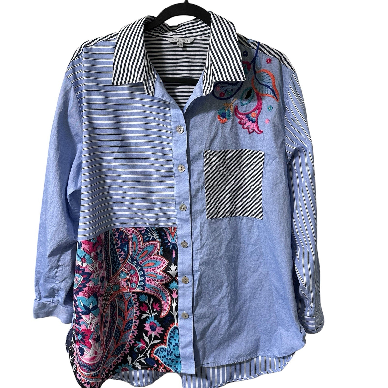 John Mark Women’s S Blue Striped Collared Long Sleeve Embroidered Button-Up