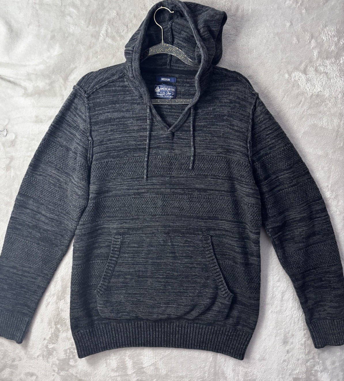 American Rag Marled Hooded Sweater Gray Knit Pullover Pocket Mens Medium