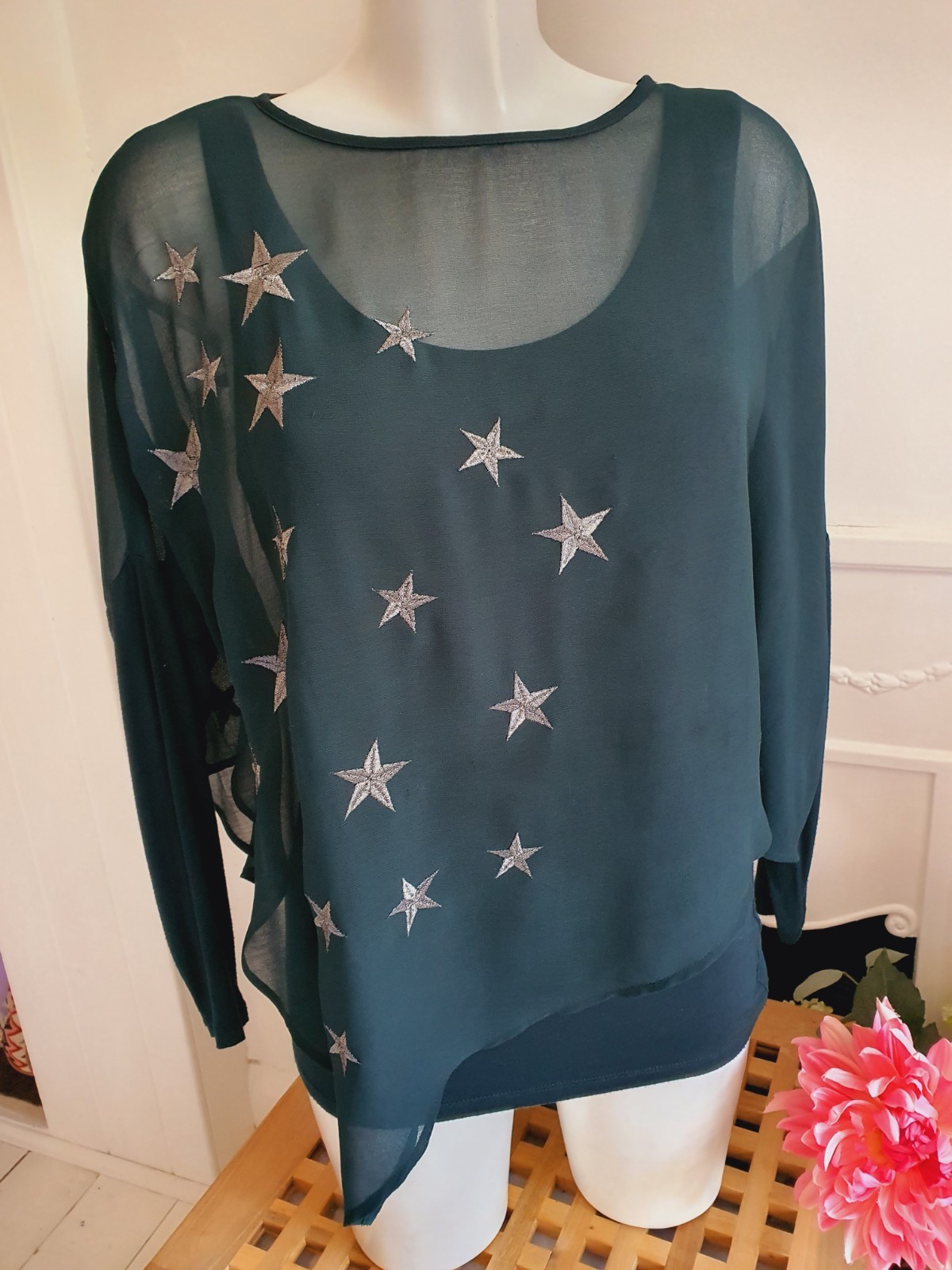 Mint Velvet Dark Green Star Embroidered Draped Top, UK Size 10