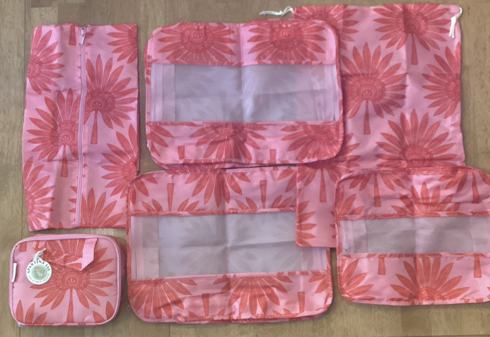 Spartina 449 6-piece Packing Cubes Palmetto Frond Print NWT Pink Red