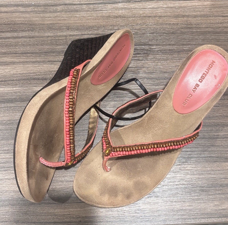 Montego Bay Club Women’s Thong Wedge Sandals Beaded Beige/Pink/Brown US 7