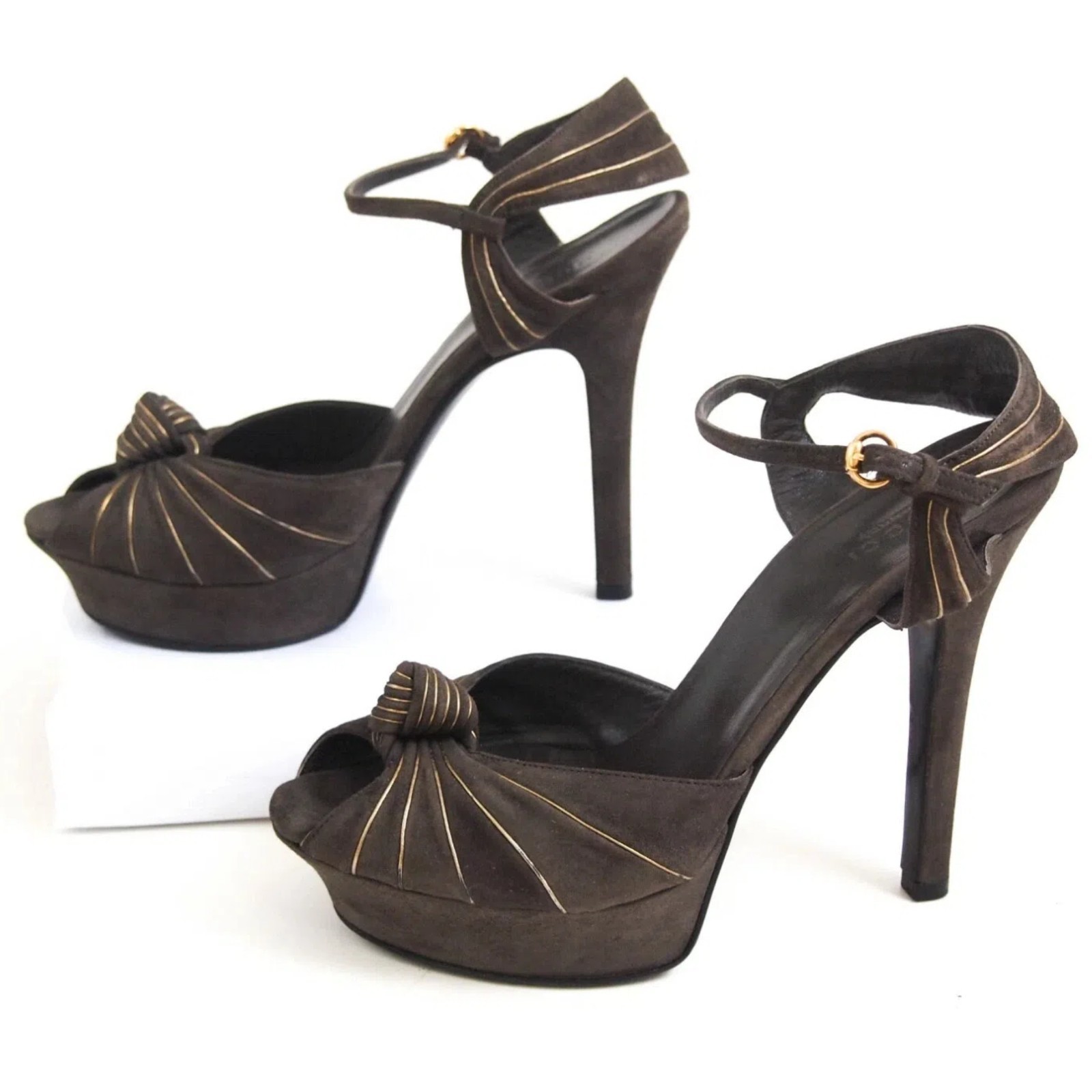 Gucci Tom Ford Era Heels 38 Brown Suede Gold Knot Platform Sandals US 8