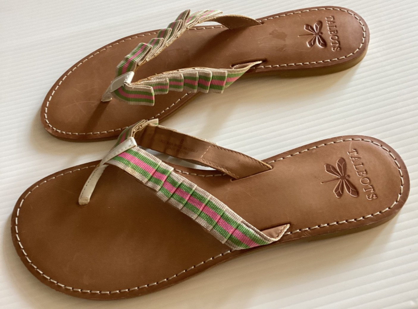 Talbots FLIP FLOPS Ribbon Ruffle GREEN PINK TAN Stripe SANDAL Thong WOMEN Size 8