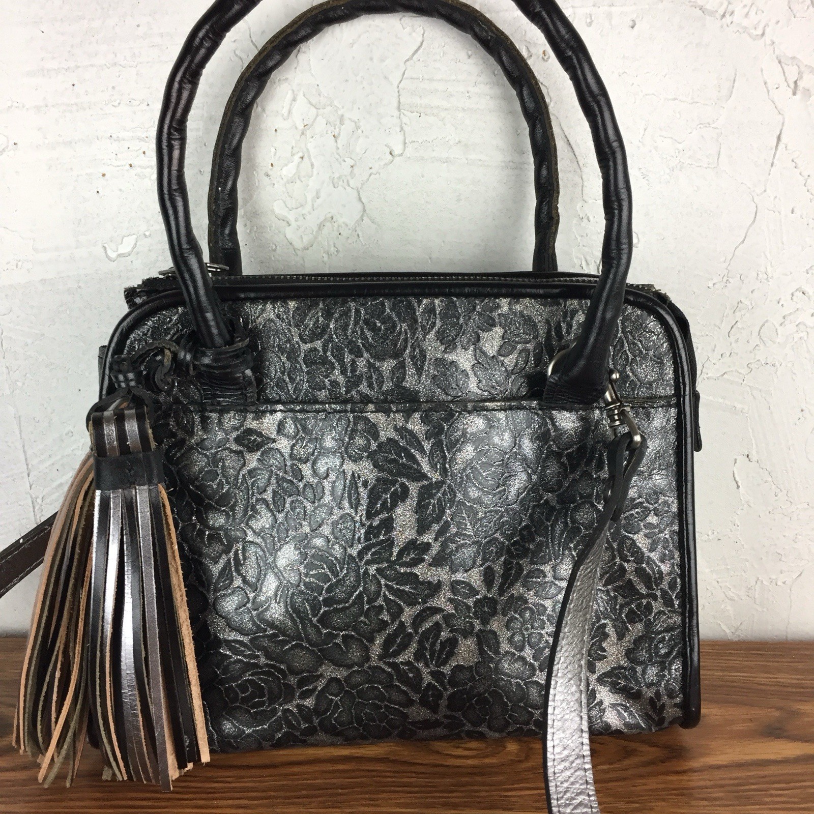 PATRICIA NASH Small Paris Glitter Rose Leather Satchel Crossbody Tassels