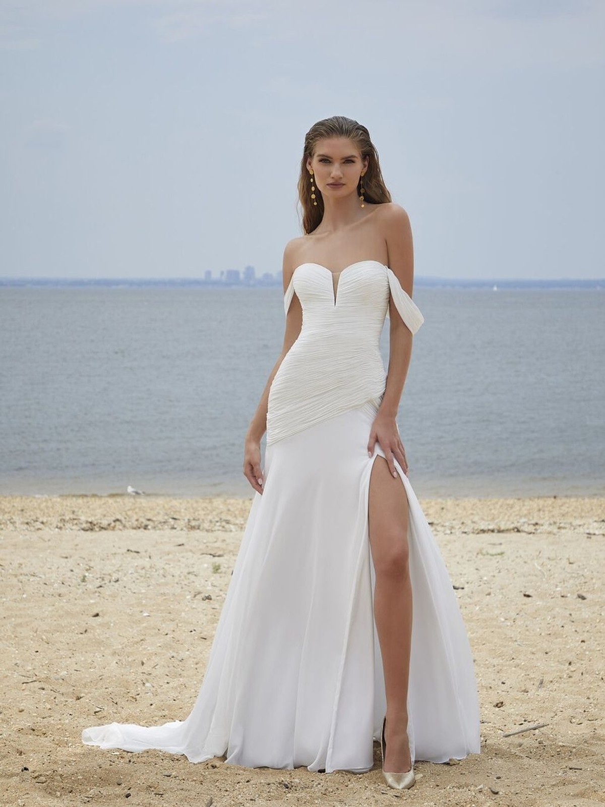 Mori Lee White Off-Shoulder Strapless Wedding Gown with Thigh Slit