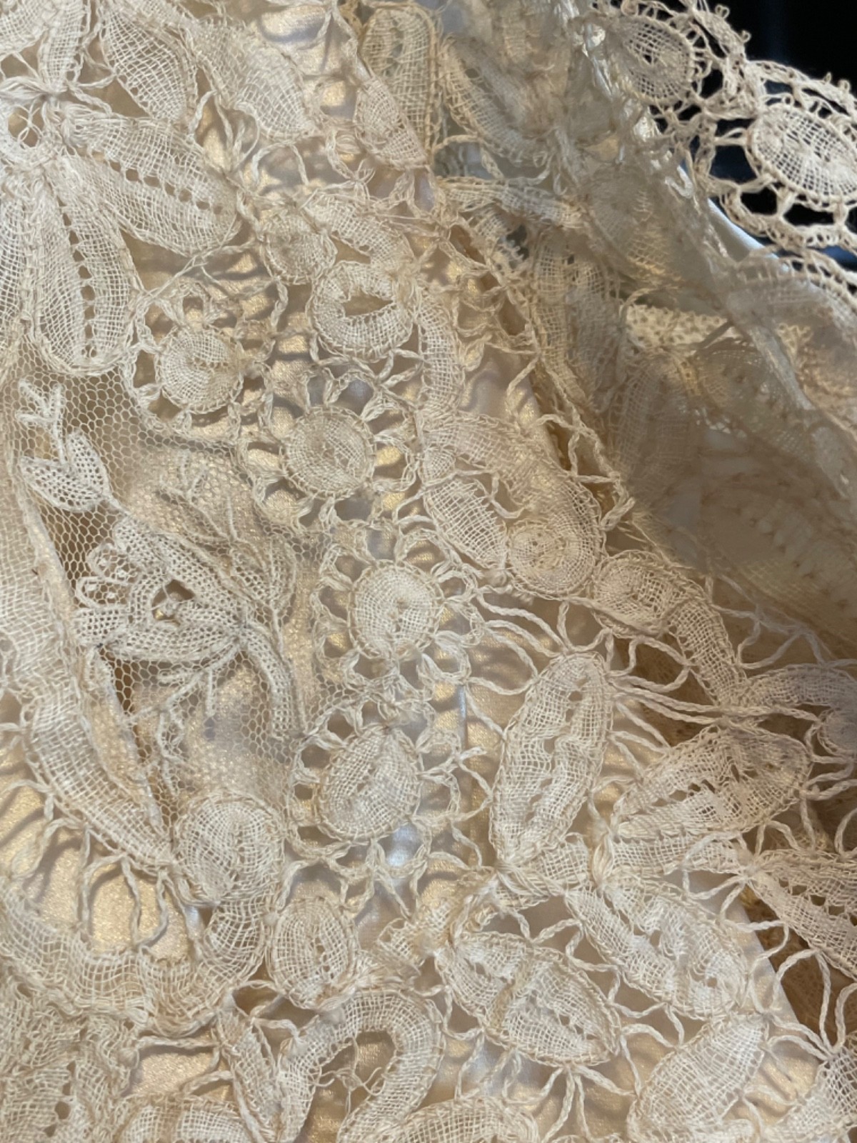 Antique Victorian Edwardian c 1900 Ivory Satin Handmade Wedding Dress w/ Lace