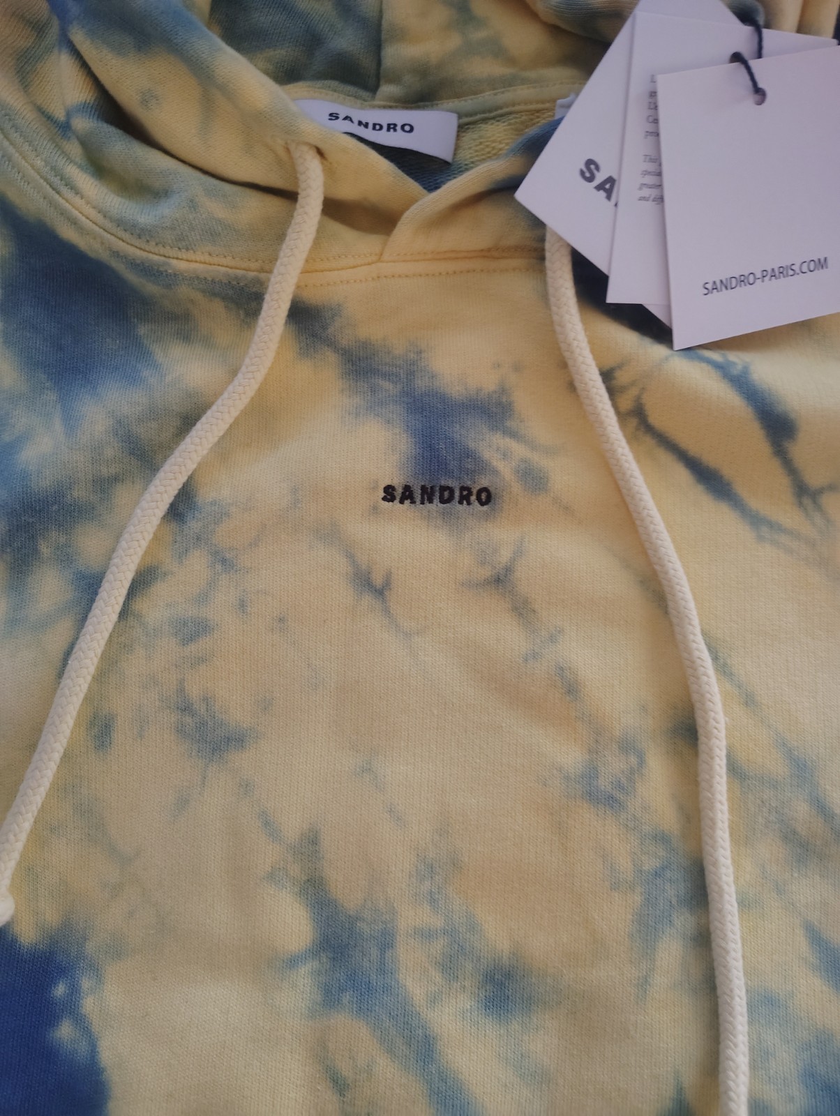Sandro Paris Tie Dye Hoodie Yellow Blue Designer Pullover Sweatshirt L NWT