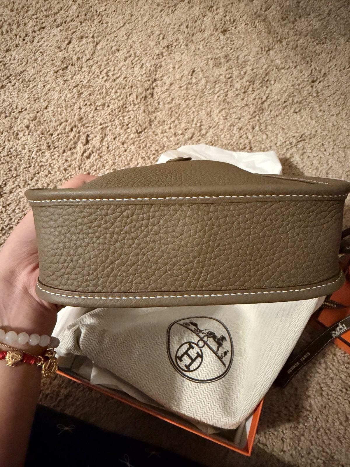 Hermès Evelyne TPM Mini Taupe Crossbody Bag Navy Strap Dust Bag Box