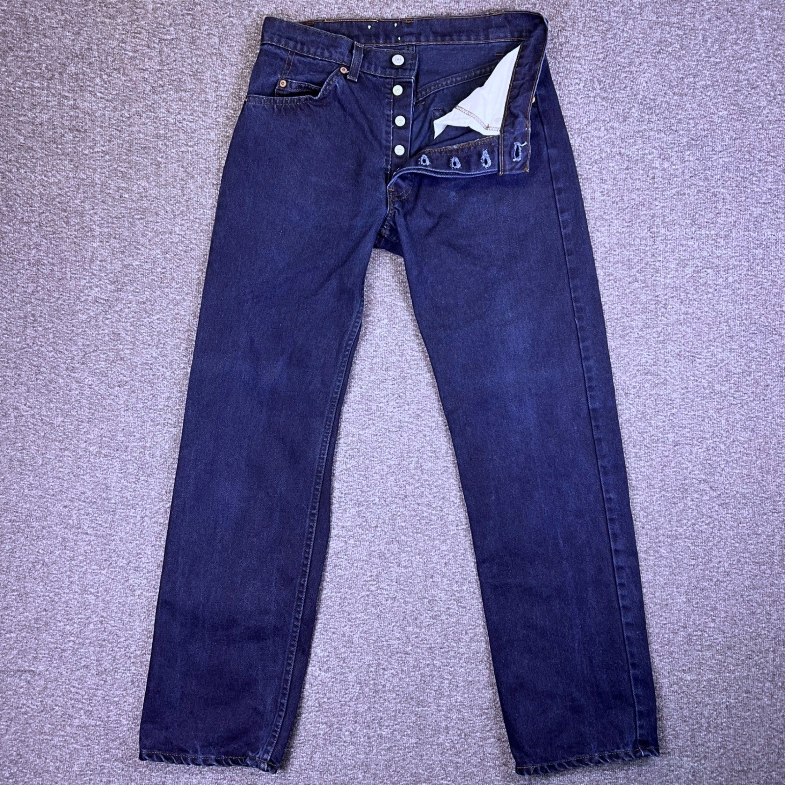 VTG 80s Levis 502 055B Jeans 32×32 Raw Indigo Denim Button Fly Red Tab Leather