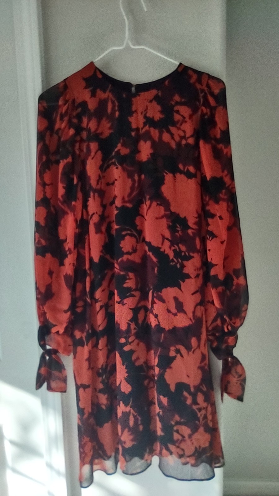 Calvin Klein Women’s Black/Orange Floral Sheer Midi Dress Long Sleeve Round 8