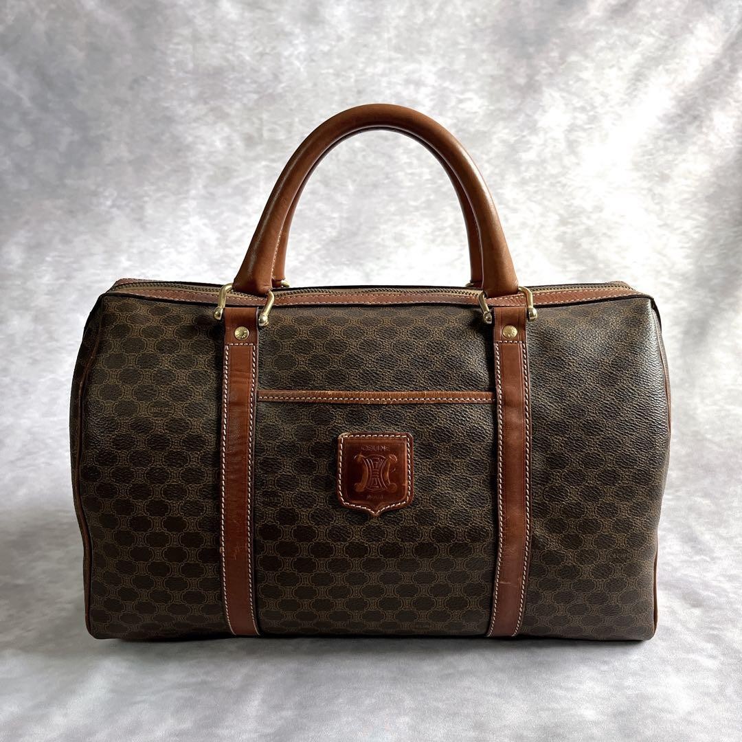 Vintage CELINE PARIS Brown Canvas Macadam Leather Boston Tote Bag Made in Italy