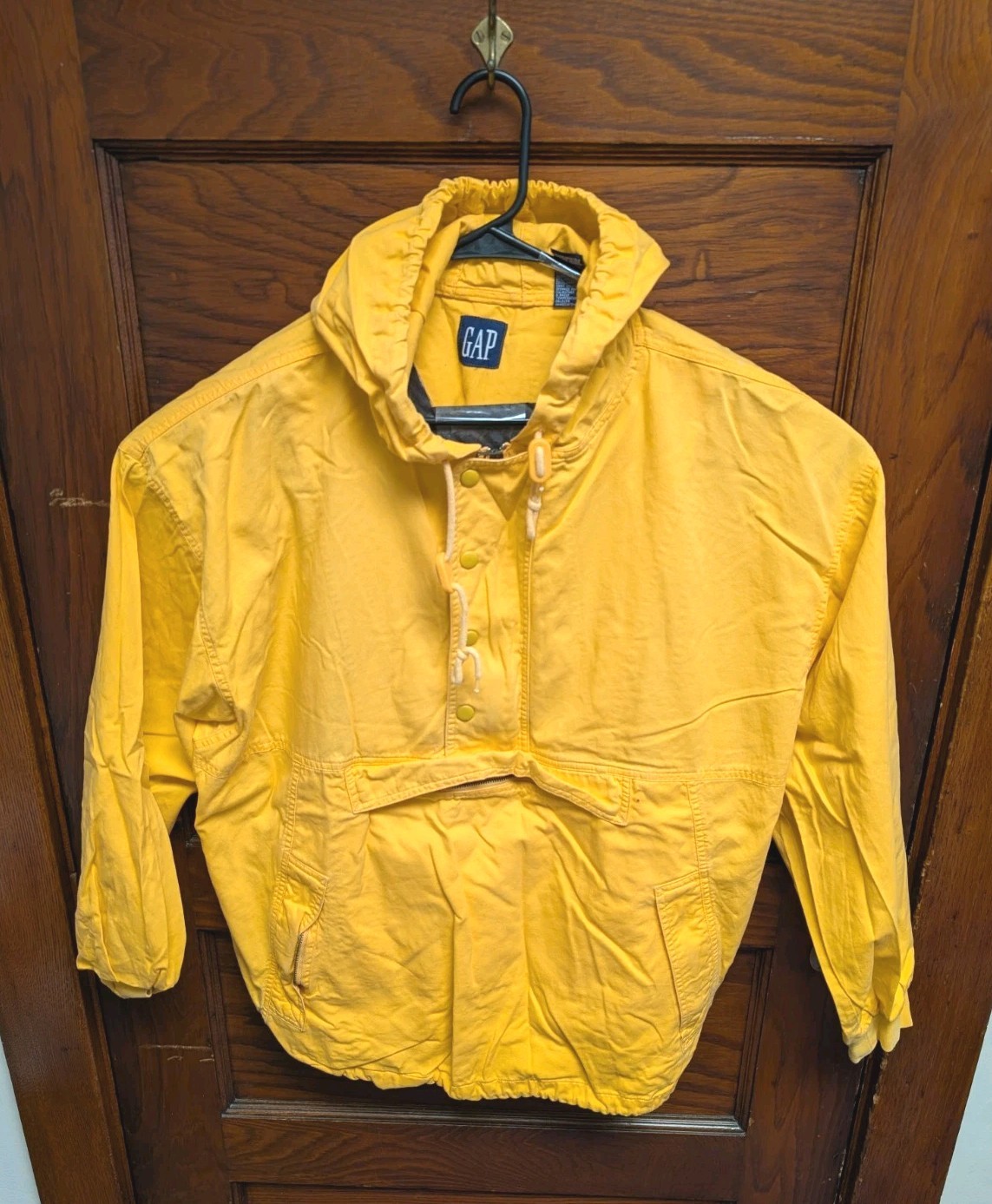 Vintage 90s Gap Pullover Anorak Yellow Twill Men L Hooded Snap Hip-Hop Relaxed L