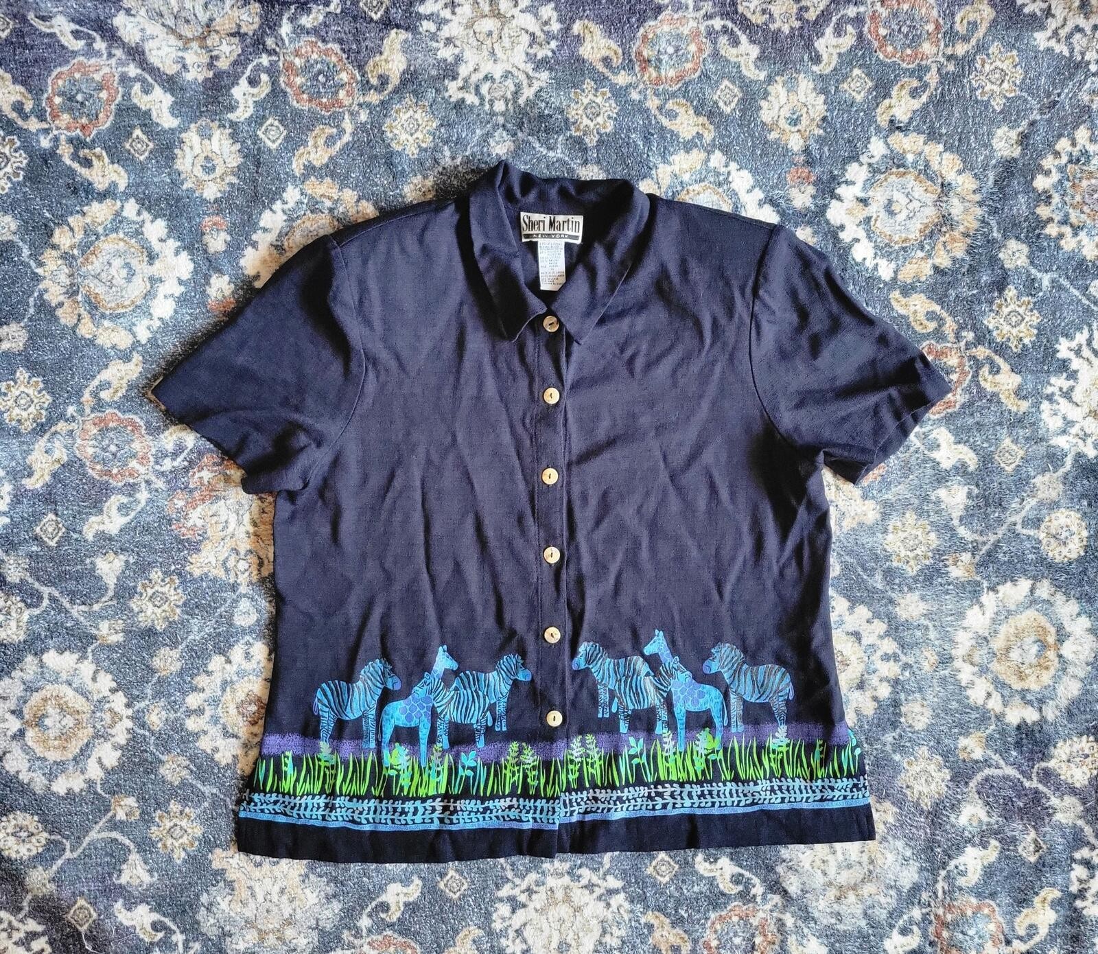 Saint Martin Navy Button Front Zebra Print Short Sleeve Shirt