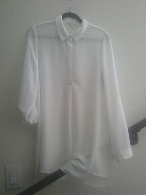 Pleione Cream Chiffon Drapey Collared Roll Tab Tunic in Excellent Condition
