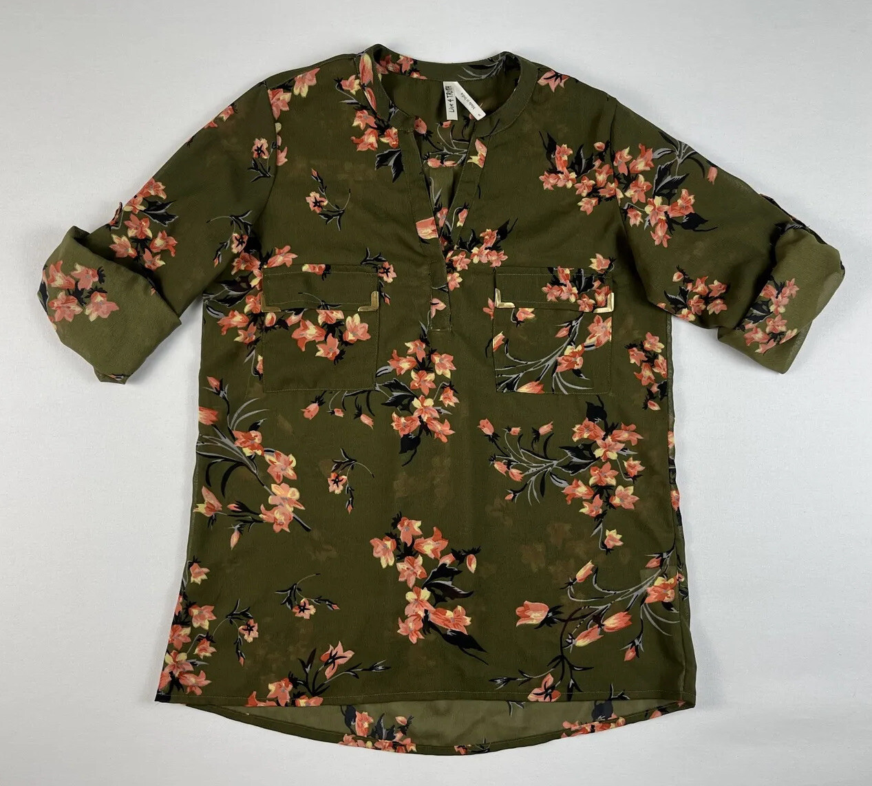 Live 4 Truth Size Small Green Floral Sheer Blouse 3/4 Sleeves W/ Roll Tab Option