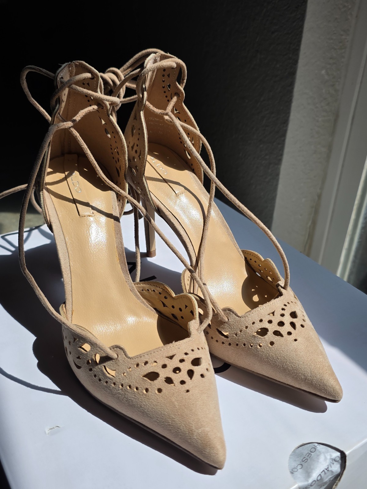 ALDO Antoinette Size 6 Nude Beige Suede Lace Up Stiletto Heels Pumps Never Worn