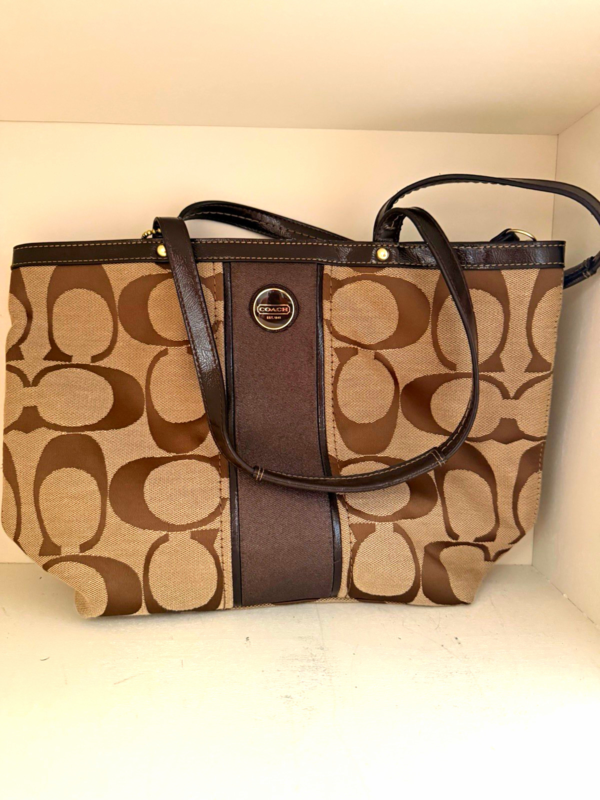 Coach Signature Logo Zip Tote Bag Brown/Beige Medium Gold Hardware Lined