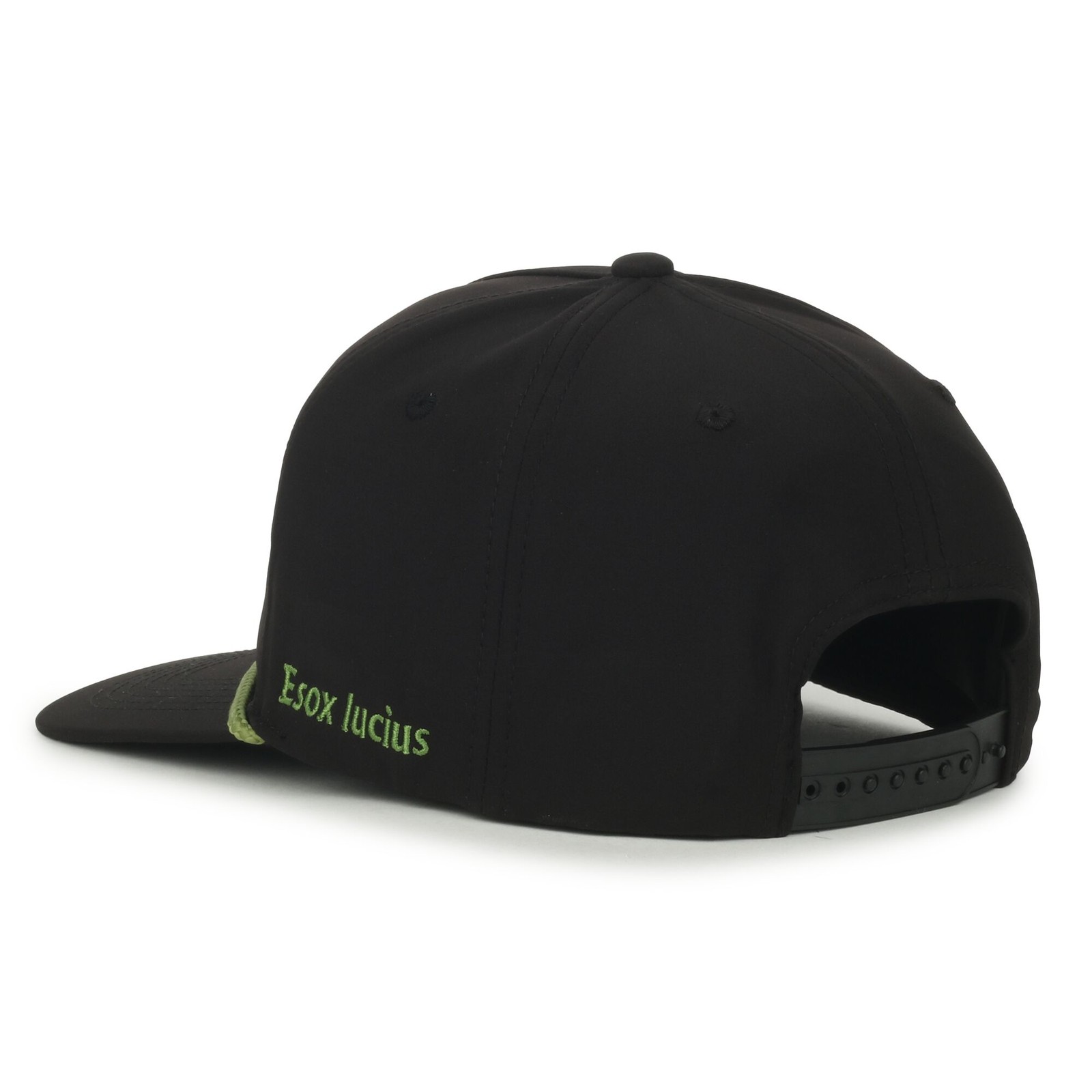 Outdoor Cap Northern Pike Fishing Cap Black 5-Panel Hat, Green Rope Detail