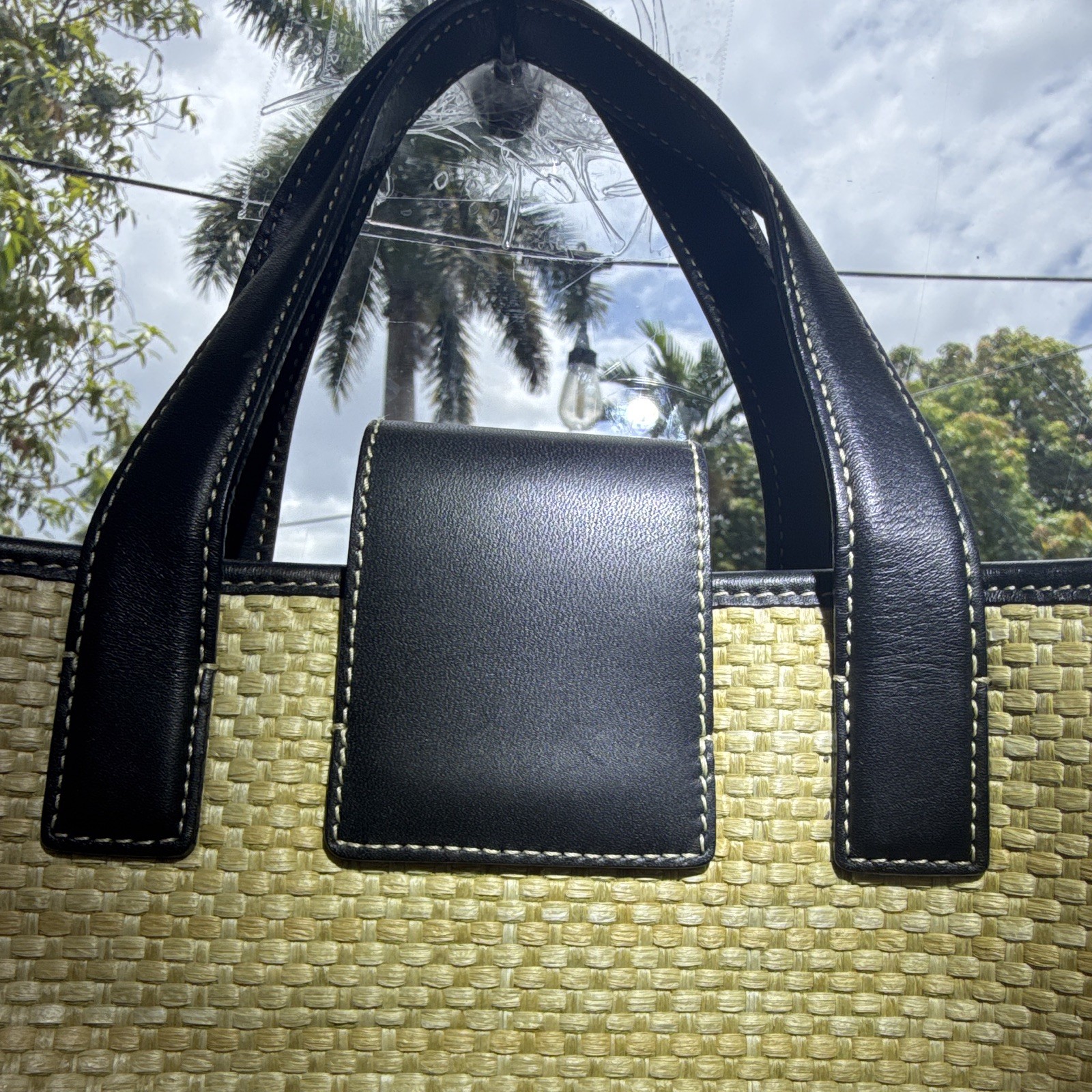 Coach Woven Beige Black Tote Bag Turn Lock Zip Double Handles Inner Pockets