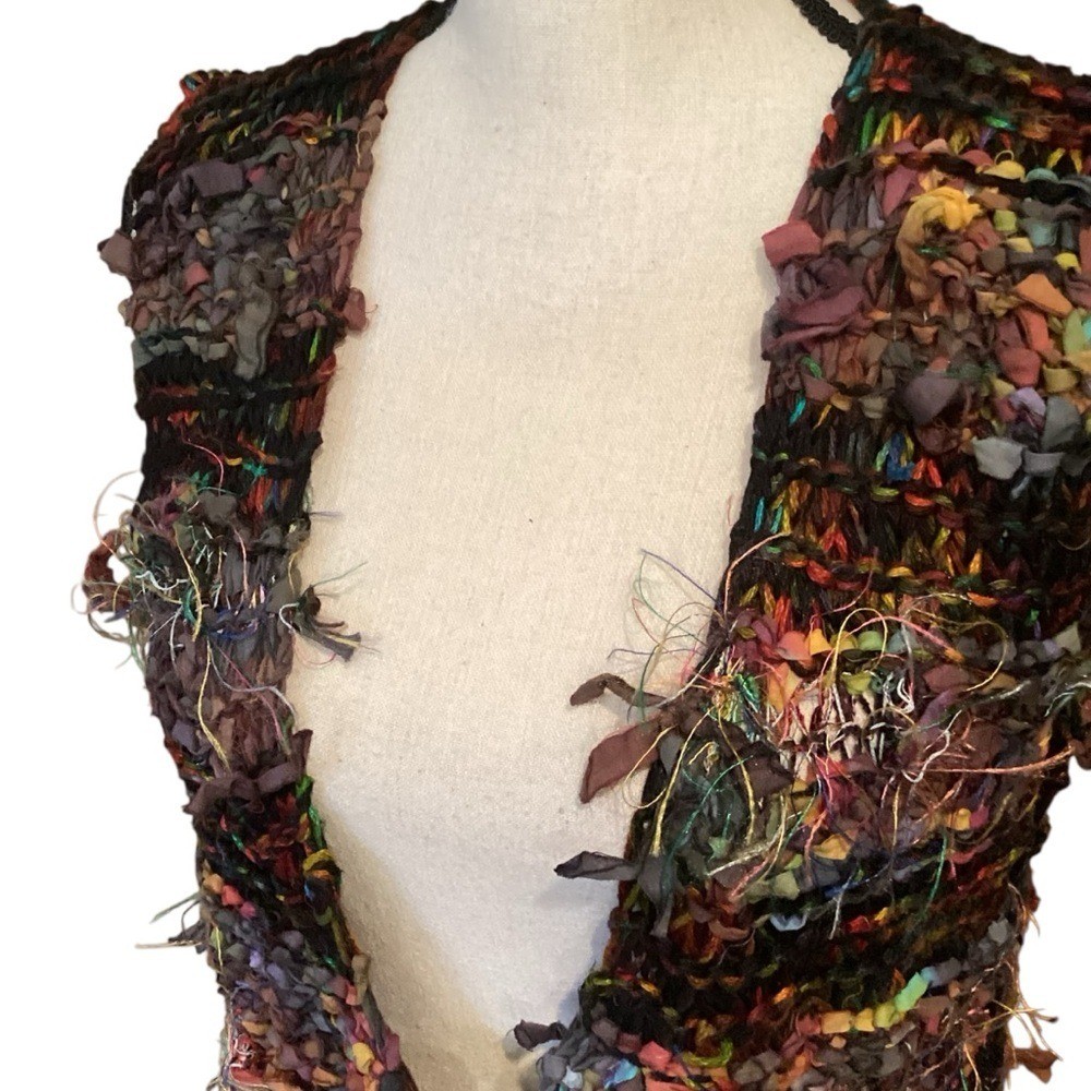 Knit & Crochet Fabric Tie Shabby Chic Vest Multicolor Front Tie Art to Wear