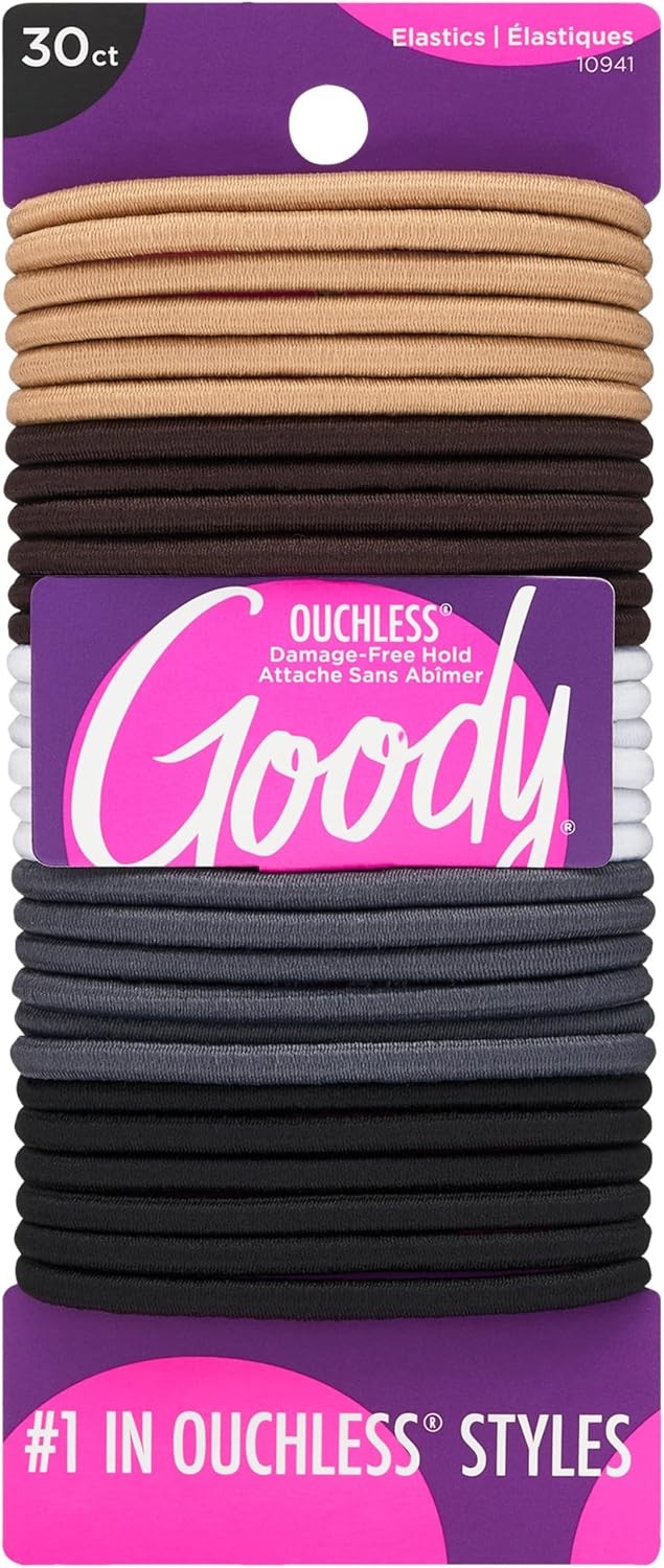 Goody Ouchless Elastic Hair Ties – 30 Ct, Assorted Neutral, 4MM Rubber Bands for