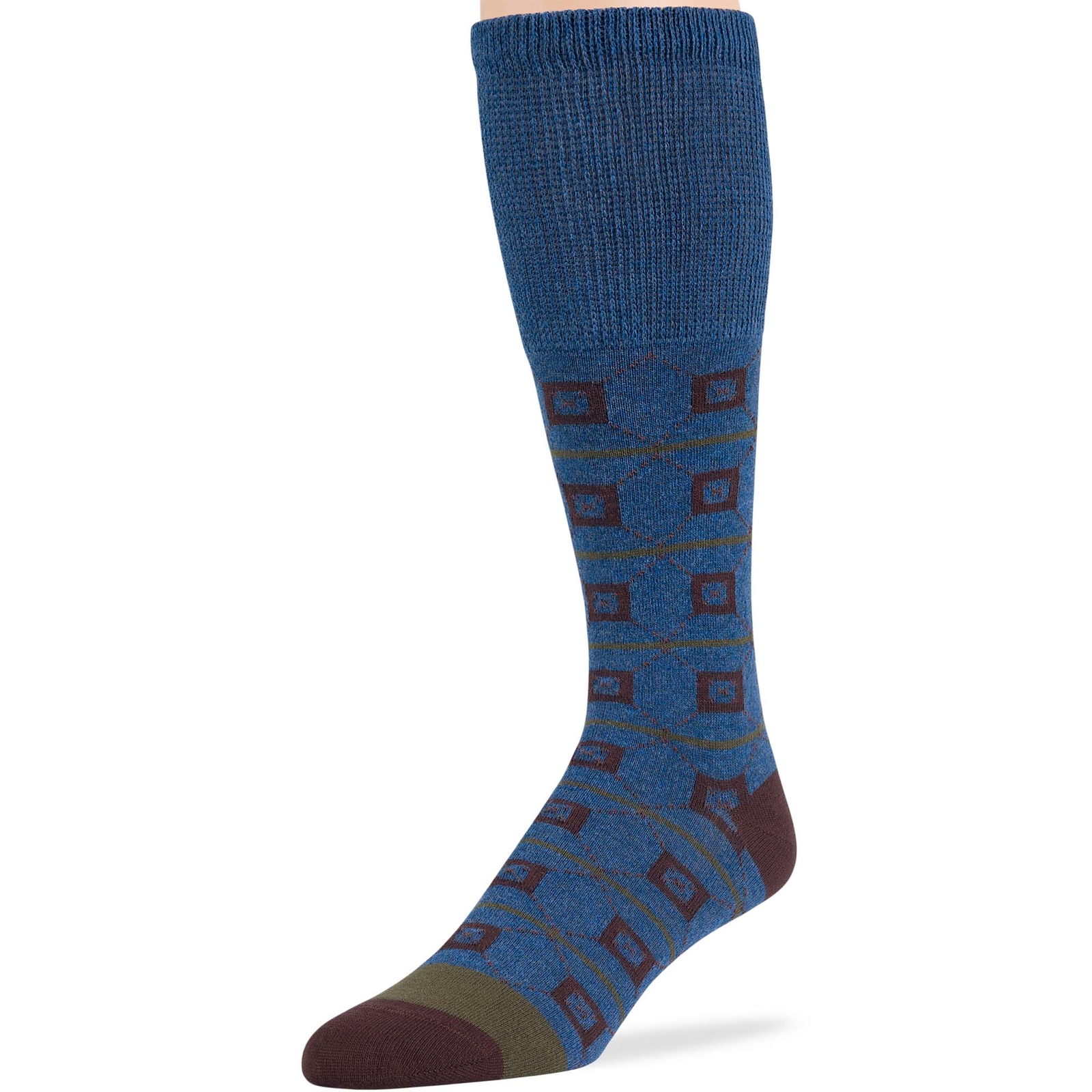 Men Diabetic Cotton Mid-Calf Socks 5 Pack XLarge Argyle Stripe Brown Denim Blue